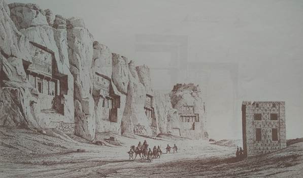  کعبه زرتشت مدفون در محوطه نقش رستم. طراحی از پاسکال کوست (1841م).